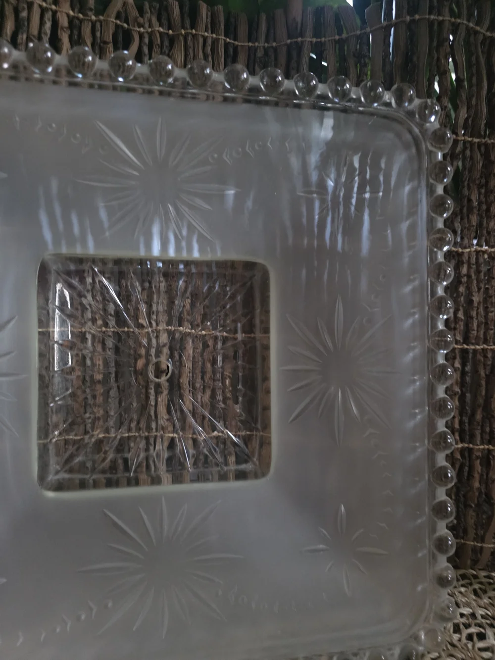 Vintage Frosted Glass Light Shade with Starburst Motif - Clear/White